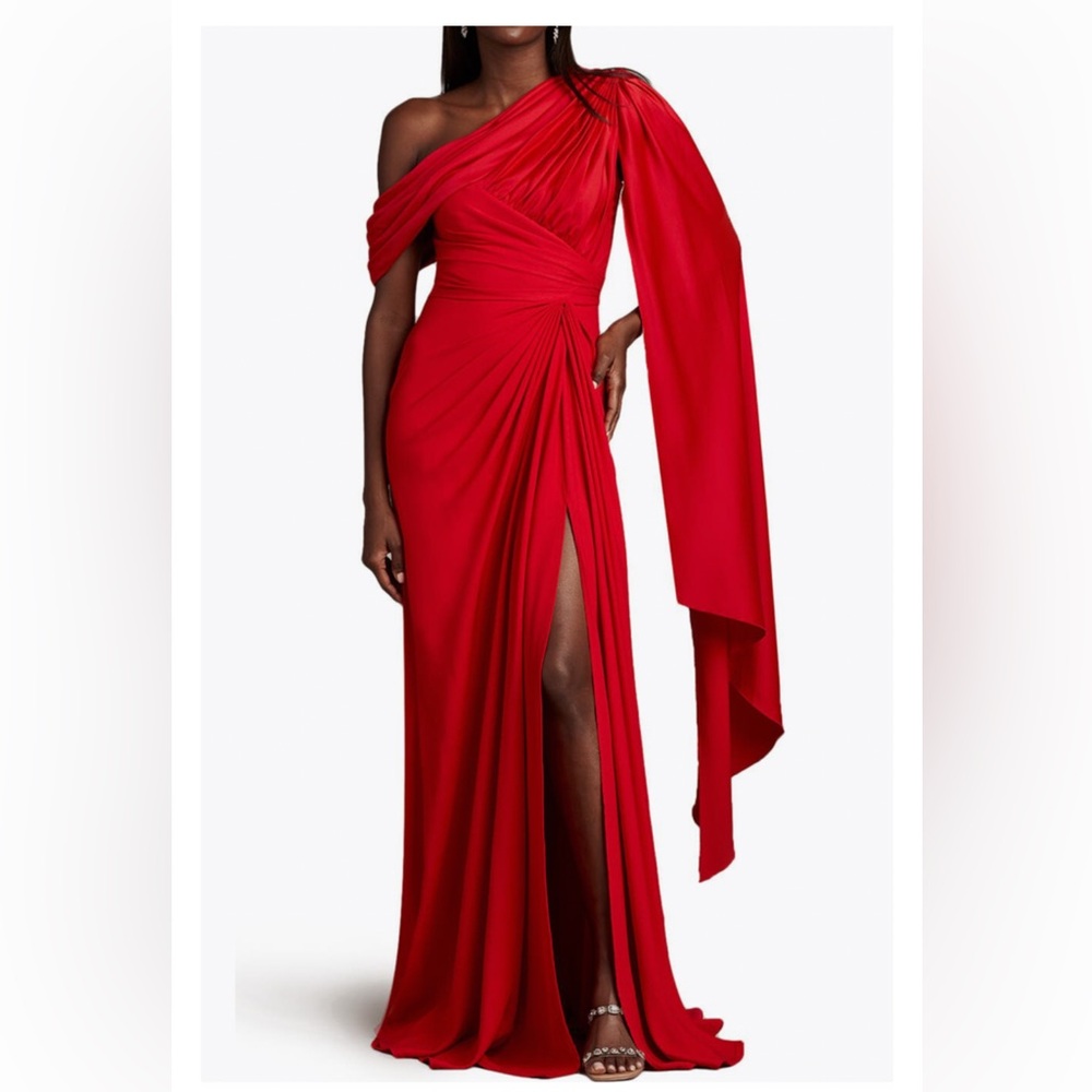 Tadashi Shoji One-Shoulder Red Draped Maxi Gown